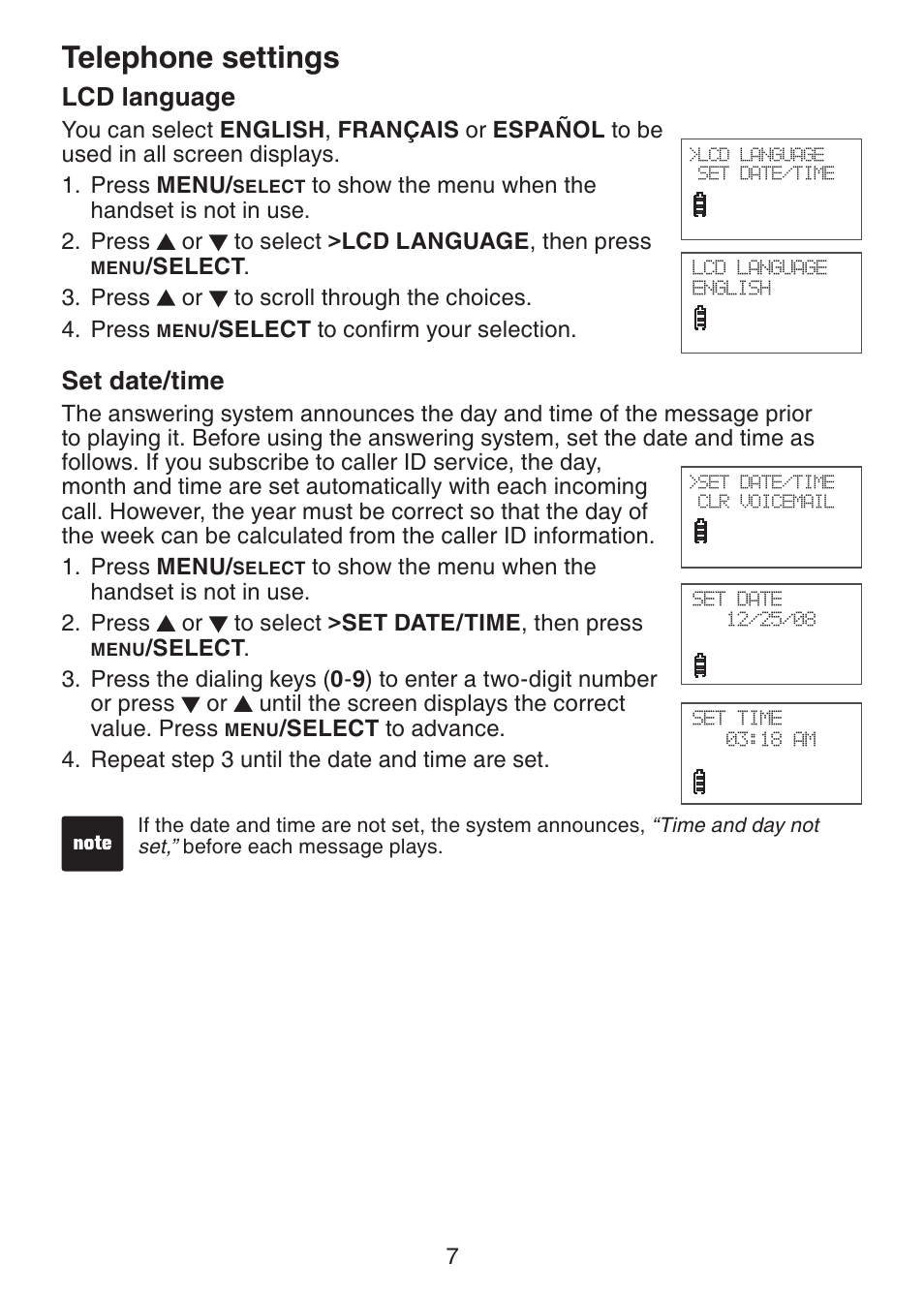 Lcd language, Set date/time, Telephone settings | VTech LS6225-3 User Manual | Page 11 / 58