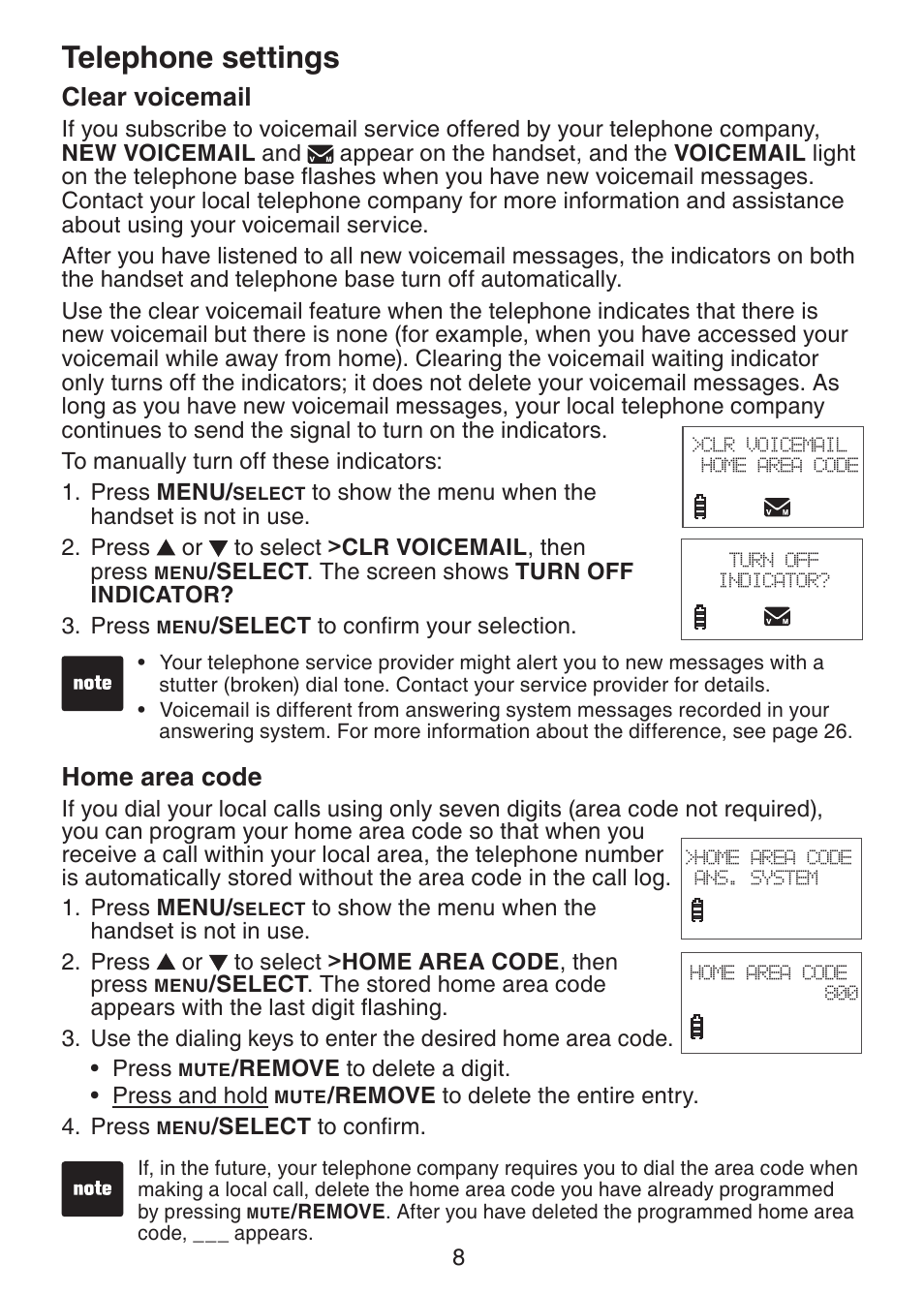 Clear voicemail, Home area code, Telephone settings | VTech LS6225-3 User Manual | Page 12 / 58