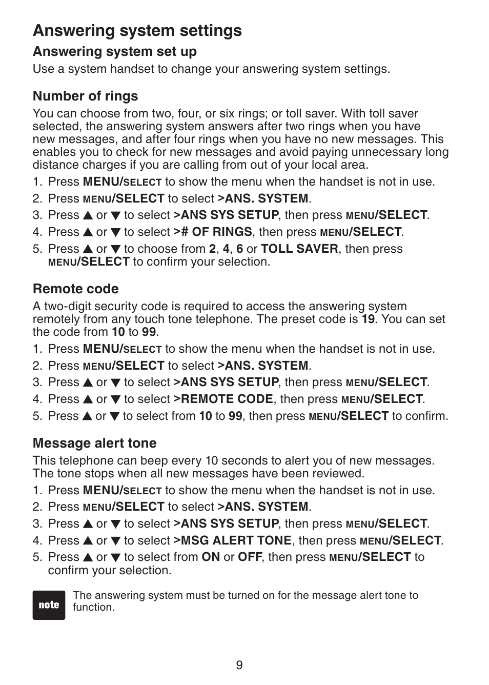 Answering system set up, Number of rings, Remote code | Message alert tone, Answering system settings | VTech LS6225-3 User Manual | Page 13 / 58