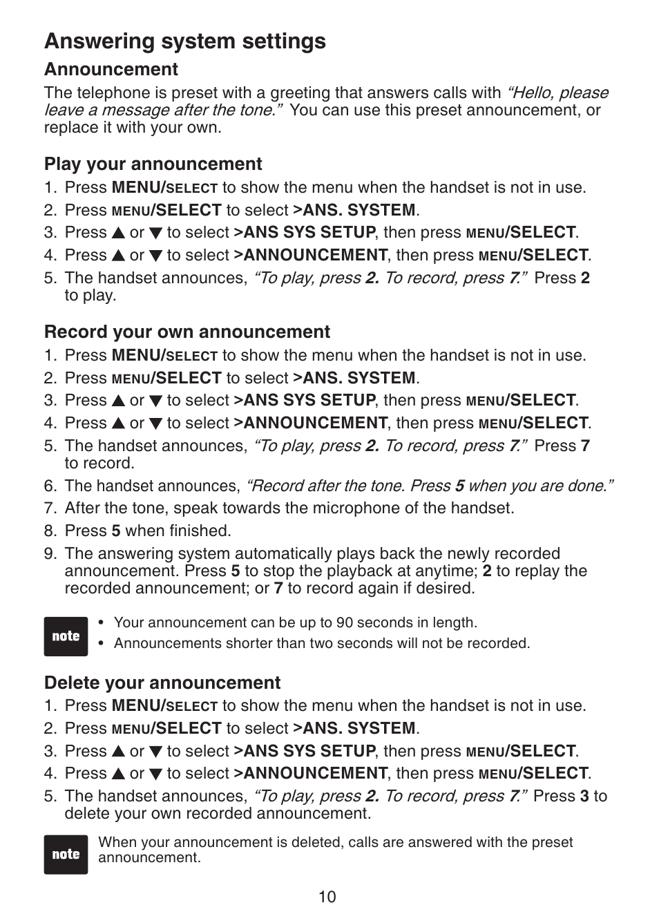 Announcement, Play your announcement, Record your own | Delete your announcement, Answering system settings, Record your own announcement | VTech LS6225-3 User Manual | Page 14 / 58