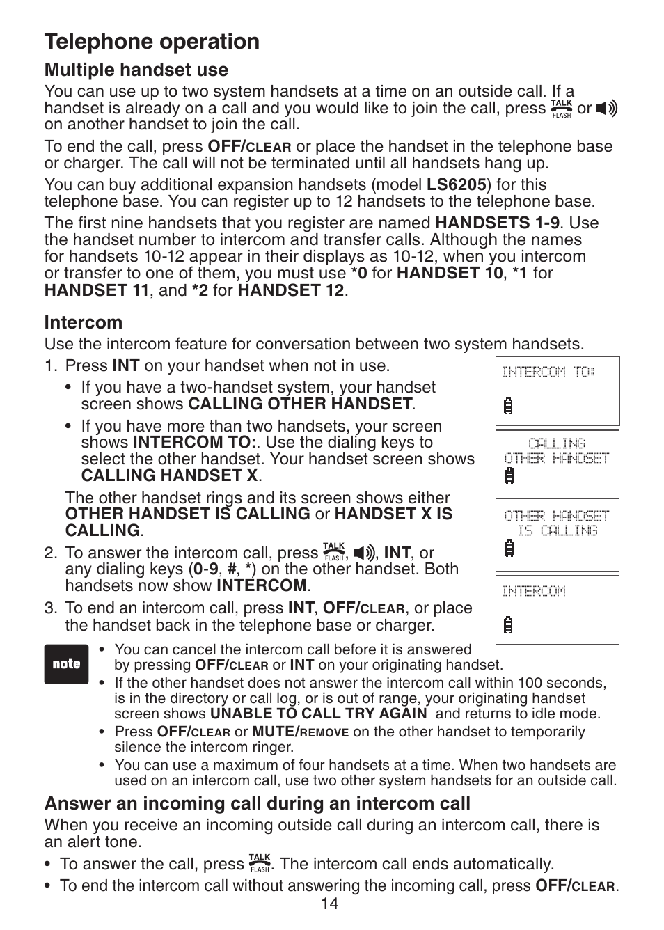 Multiple handset use, Intercom, Answer an incoming call | During an intercom call, Telephone operation, Answer an incoming call during an intercom call | VTech LS6225-3 User Manual | Page 18 / 58