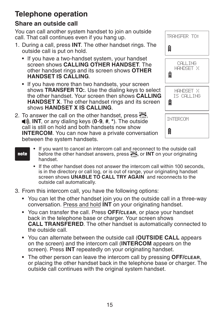 Share an outside call, Telephone operation | VTech LS6225-3 User Manual | Page 19 / 58