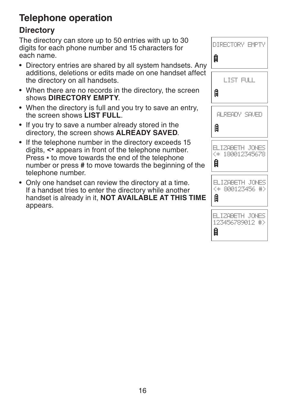 Directory, Telephone operation | VTech LS6225-3 User Manual | Page 20 / 58