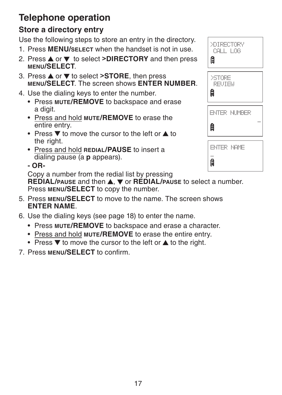 Store a directory entry, Telephone operation | VTech LS6225-3 User Manual | Page 21 / 58