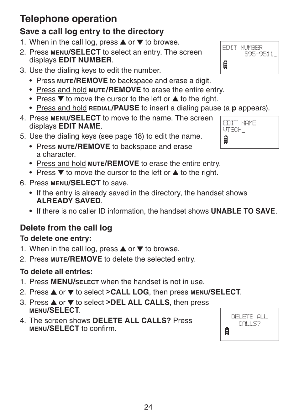 Save a call log entry to the, Directory, Delete from the call log | Telephone operation, Save a call log entry to the directory | VTech LS6225-3 User Manual | Page 28 / 58