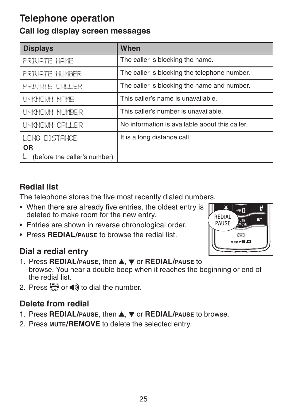 Call log display screen, Messages, Redial list | Dial a redial entry, Delete from redial, Telephone operation, Call log display screen messages | VTech LS6225-3 User Manual | Page 29 / 58