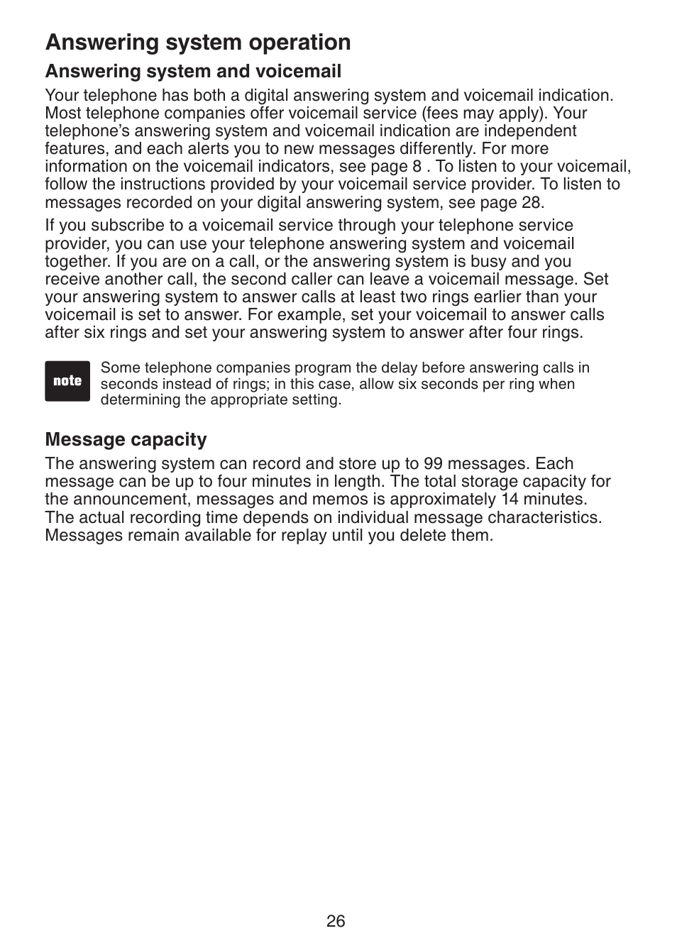 Answering system and, Voicemail, Message capacity | Answering system operation | VTech LS6225-3 User Manual | Page 30 / 58