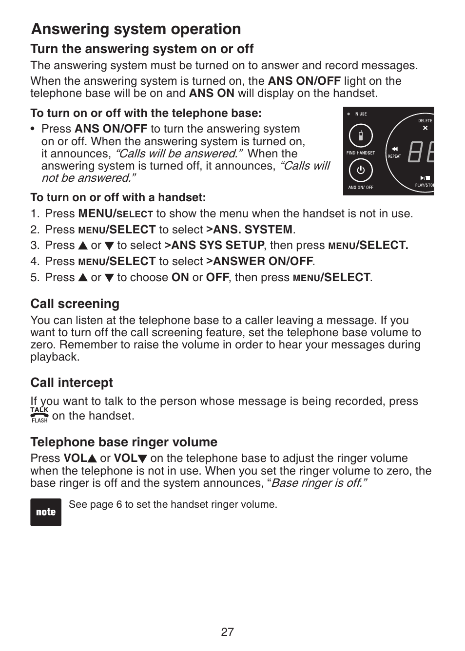 Turn the answering system, On or off, Call screening | Call intercept, Telephone base ringer volume, Answering system operation | VTech LS6225-3 User Manual | Page 31 / 58