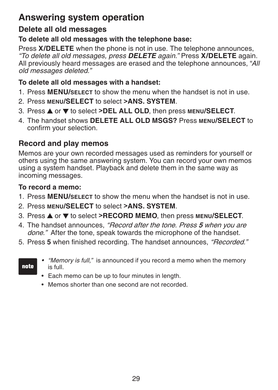 Delete all old messages, Record and play memos, Answering system operation | VTech LS6225-3 User Manual | Page 33 / 58