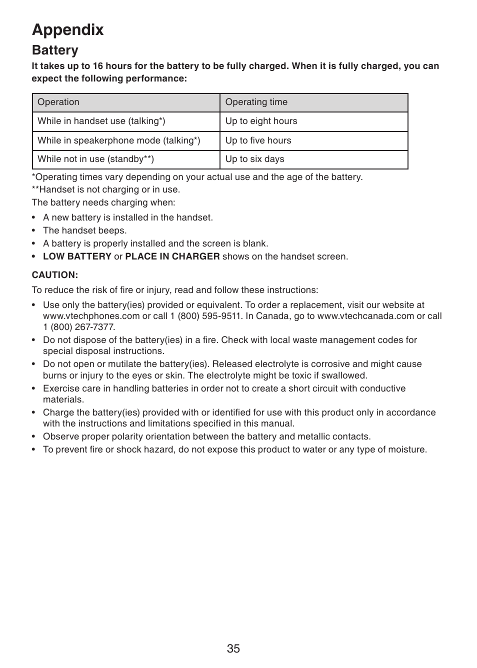 Battery, Appendix | VTech LS6225-3 User Manual | Page 39 / 58