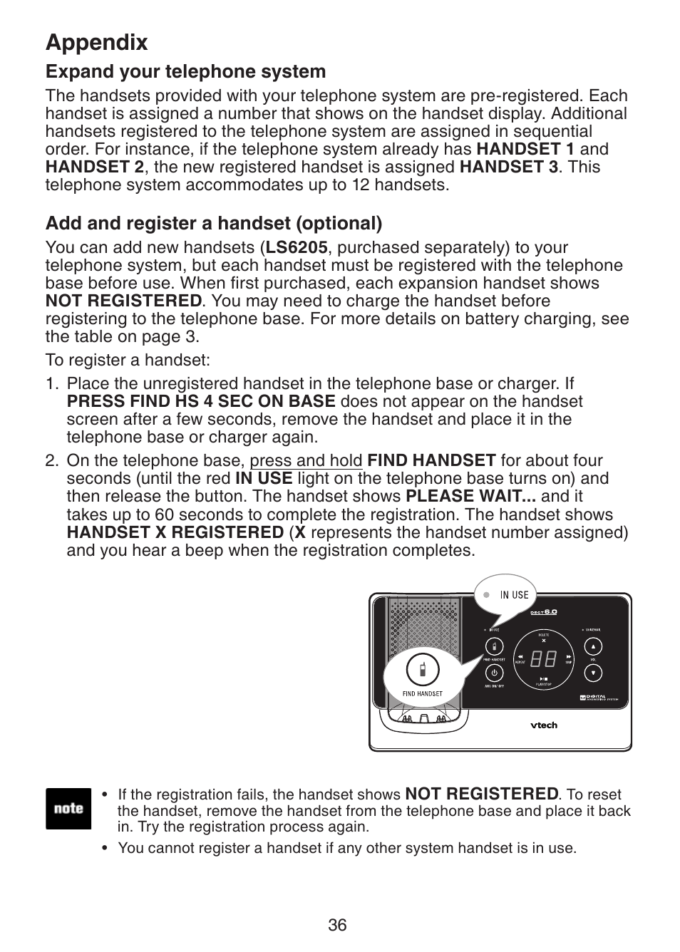 Expand your telephone system, Add and register a handset, Optional) | Appendix | VTech LS6225-3 User Manual | Page 40 / 58