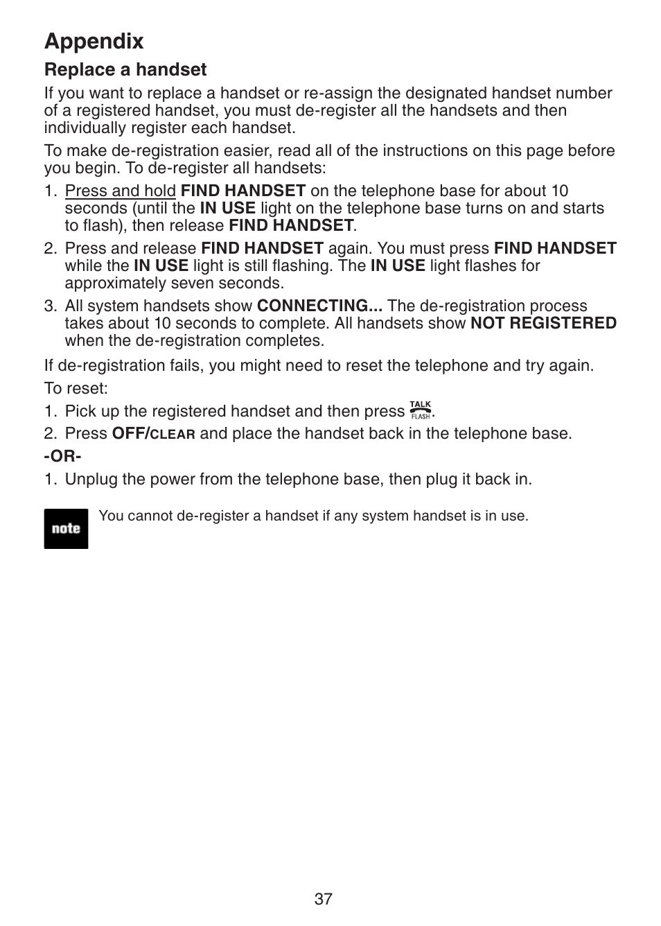 Replace a handset, Appendix | VTech LS6225-3 User Manual | Page 41 / 58