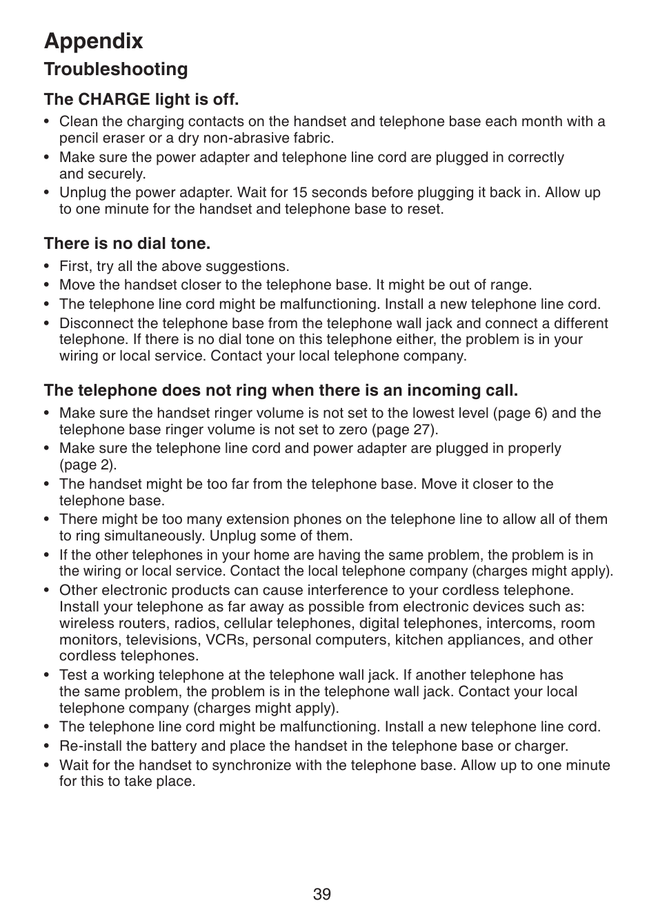 Appendix, Troubleshooting | VTech LS6225-3 User Manual | Page 43 / 58
