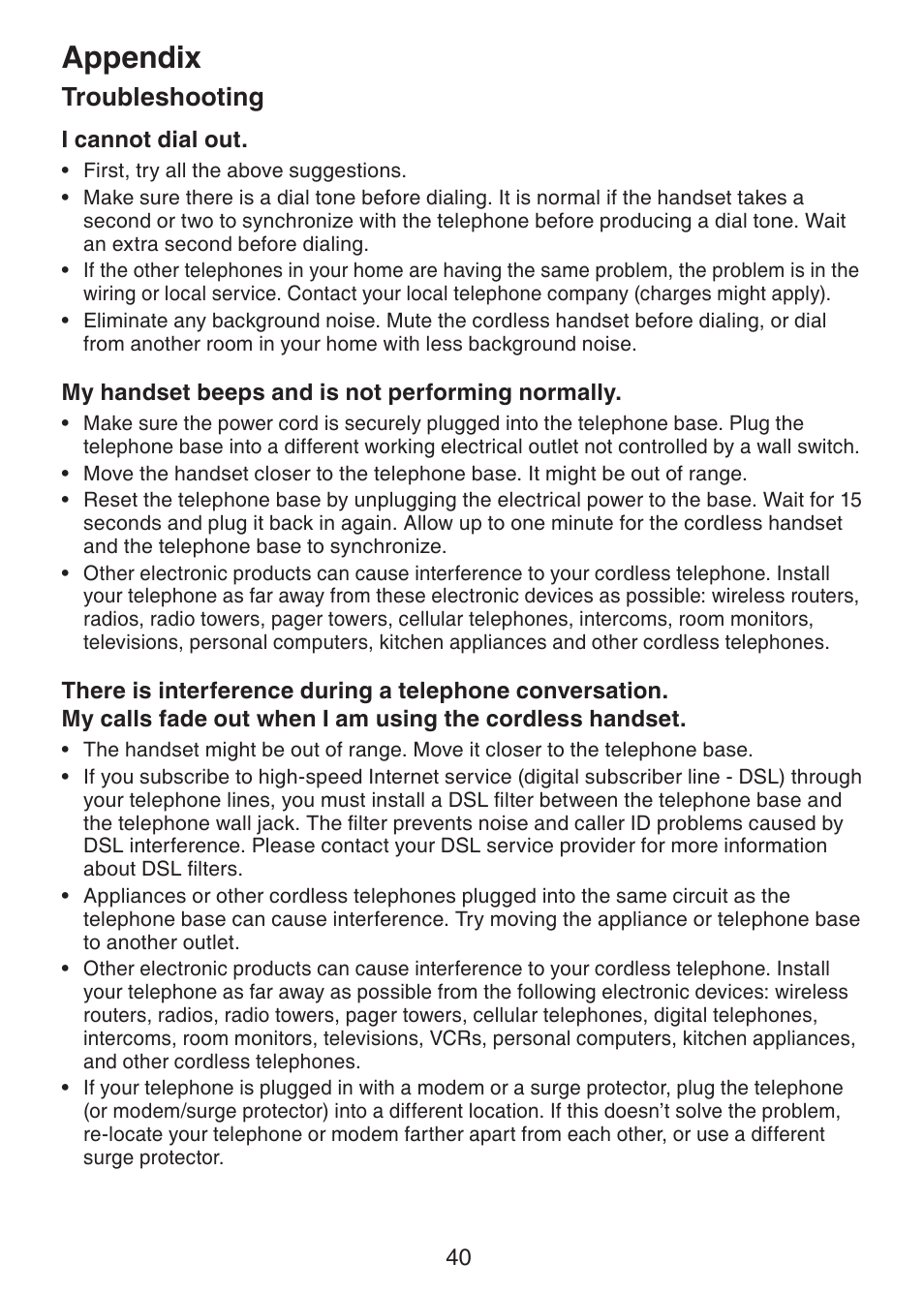 Appendix, Troubleshooting | VTech LS6225-3 User Manual | Page 44 / 58