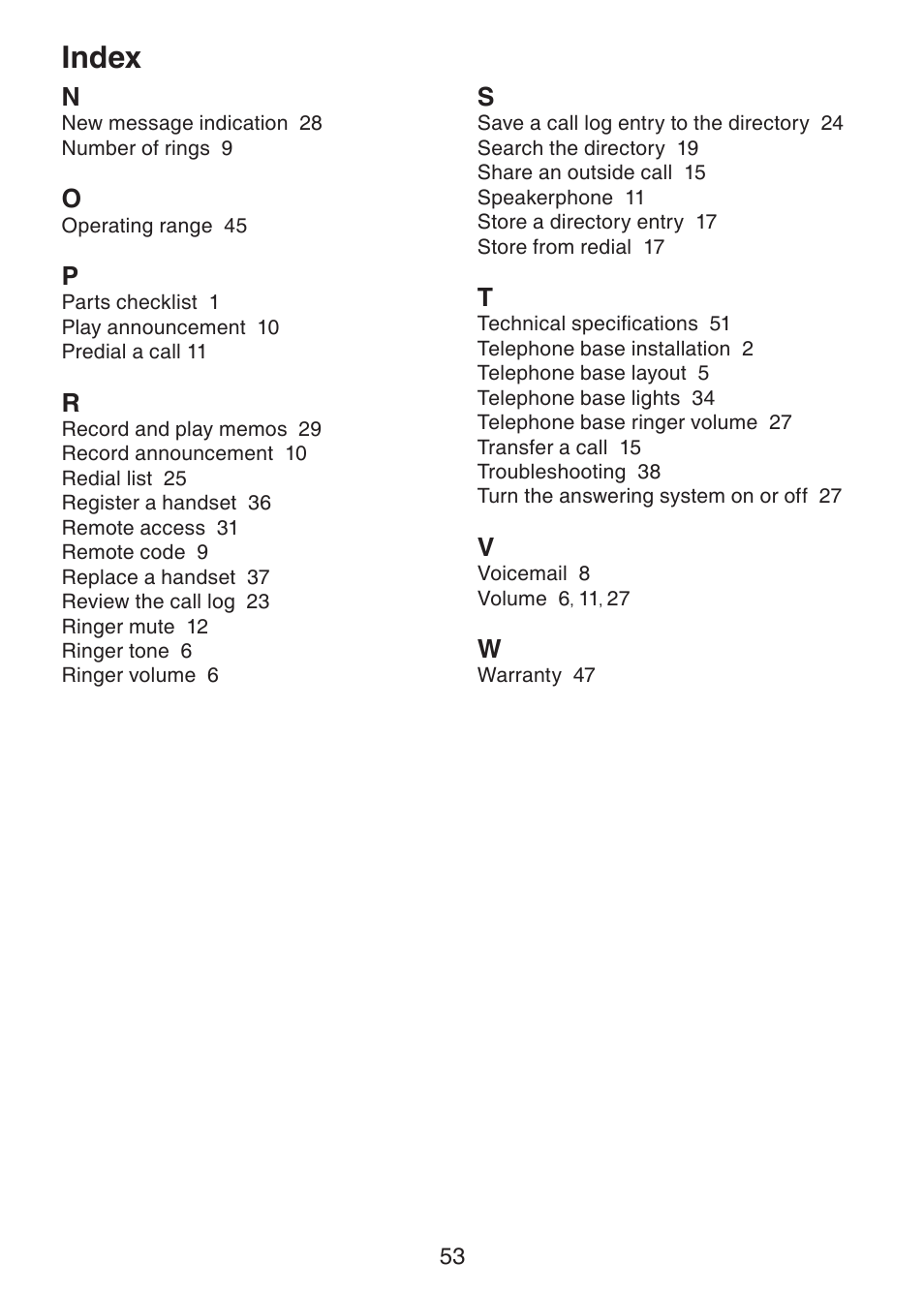 Index | VTech LS6225-3 User Manual | Page 57 / 58