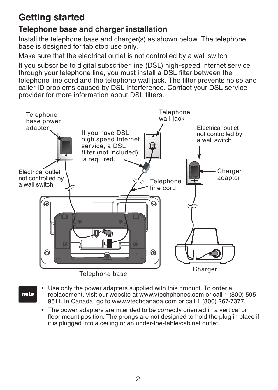 Telephone base and charger, Installation, Getting started | Telephone base and charger installation | VTech LS6225-3 User Manual | Page 6 / 58