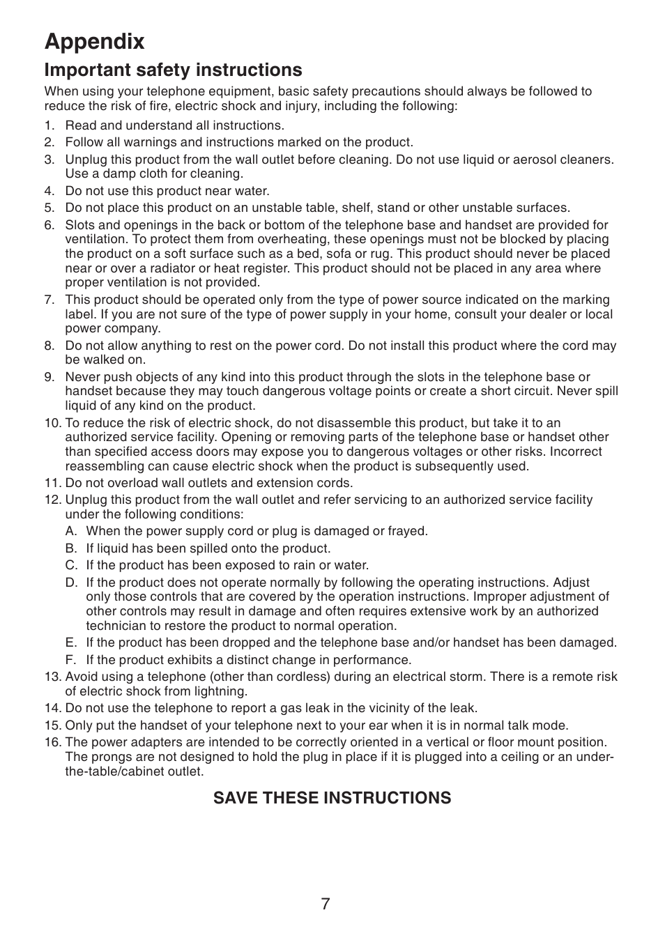 Appendix, Important safety instructions, Save these instructions | VTech Dect 6.0 DS6211-3 User Manual | Page 10 / 18