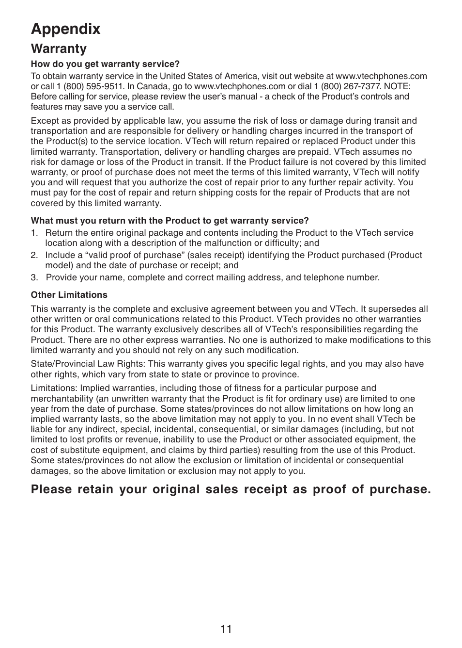 Appendix, Warranty | VTech Dect 6.0 DS6211-3 User Manual | Page 14 / 18
