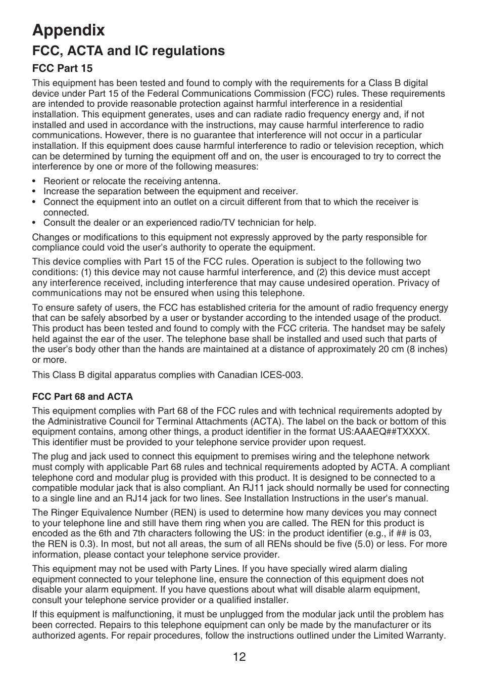 Appendix, Fcc, acta and ic regulations | VTech Dect 6.0 DS6211-3 User Manual | Page 15 / 18