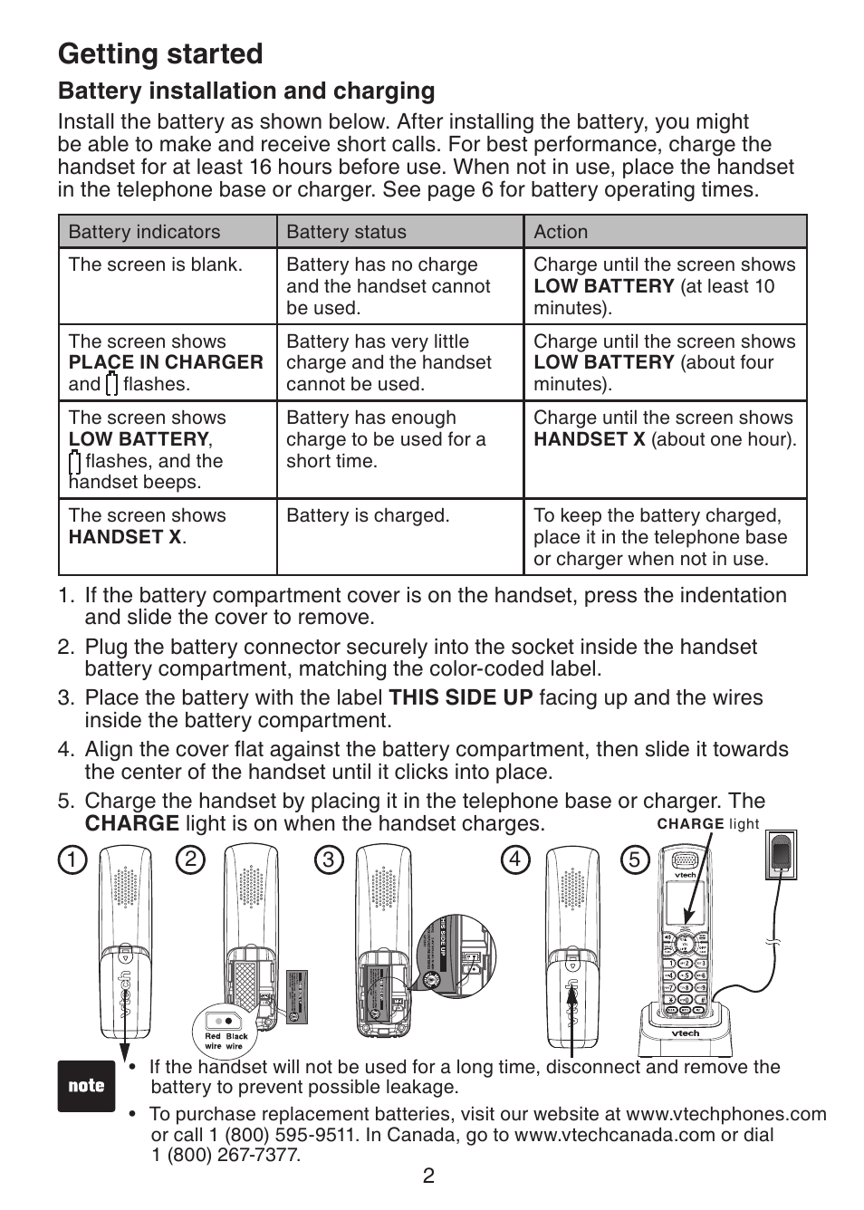 Getting started, Battery installation and charging | VTech Dect 6.0 DS6211-3 User Manual | Page 5 / 18