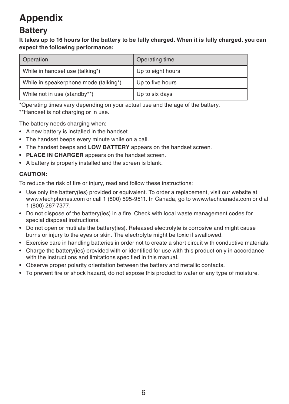 Appendix, Battery | VTech Dect 6.0 DS6211-3 User Manual | Page 9 / 18