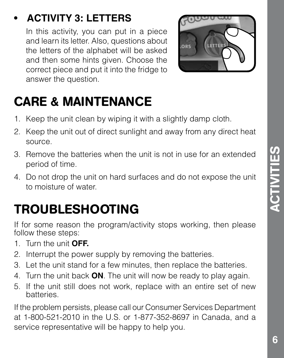 Ac tiviti e s, Care & maintenance, Troubleshooting | VTech ABC Food Fun User Manual | Page 7 / 8
