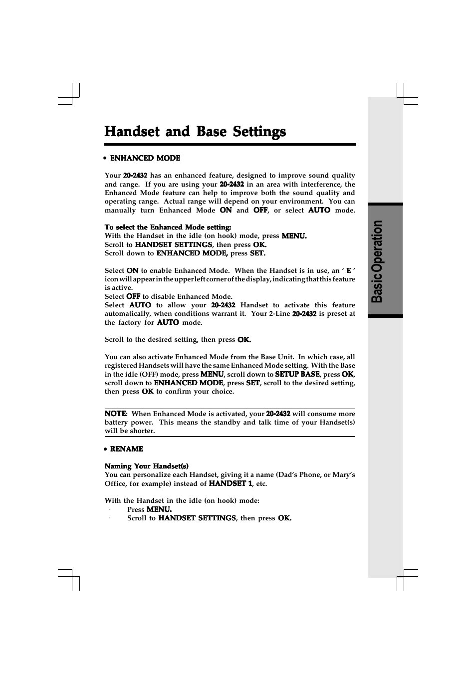 Handset and base settings, Handset and base settings basic operation | VTech 20-2432 User Manual | Page 22 / 51