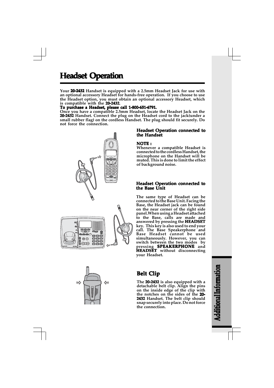 Headset operation, Belt clip | VTech 20-2432 User Manual | Page 40 / 51