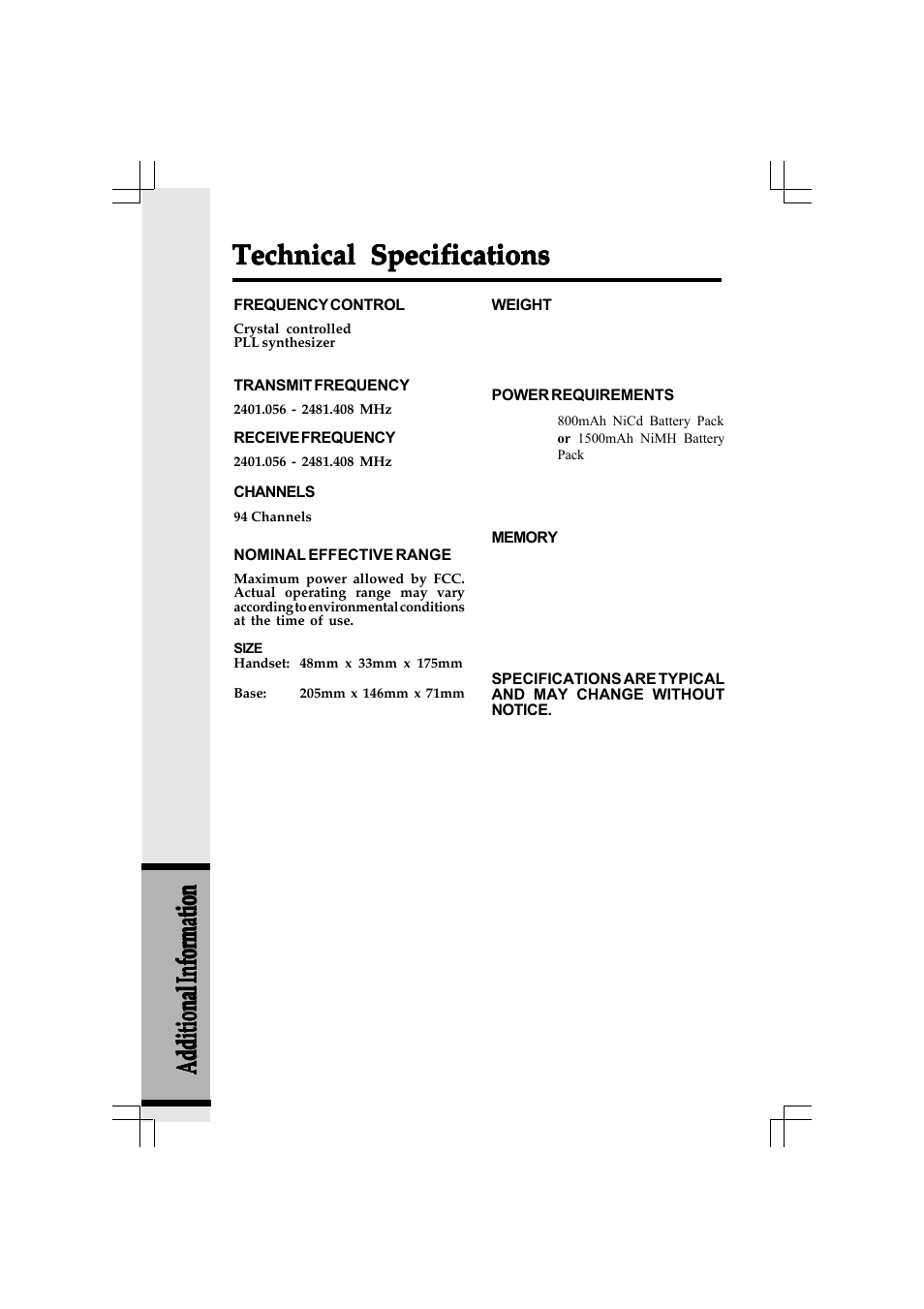 Technical specifications | VTech 20-2432 User Manual | Page 49 / 51