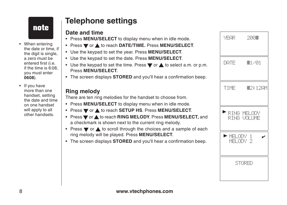 Date and time, Ring melody, Date and tme rng melody | Telephone settings | VTech 6044 User Manual | Page 11 / 53