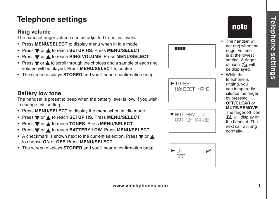 Ring volume, Battery low tone, Rng volume battery low tone | Telephone settings, Te le ph on e s ett in gs, Bas ic o pe ra tio n | VTech 6044 User Manual | Page 12 / 53