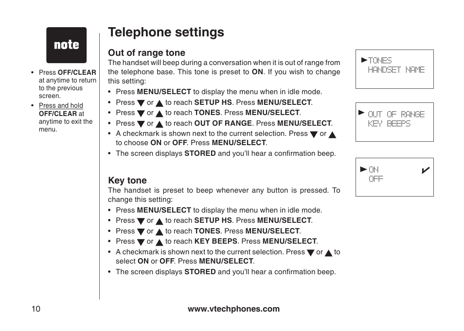 Key tone, Out of range tone, Out of range tone key tone | Telephone settings | VTech 6044 User Manual | Page 13 / 53