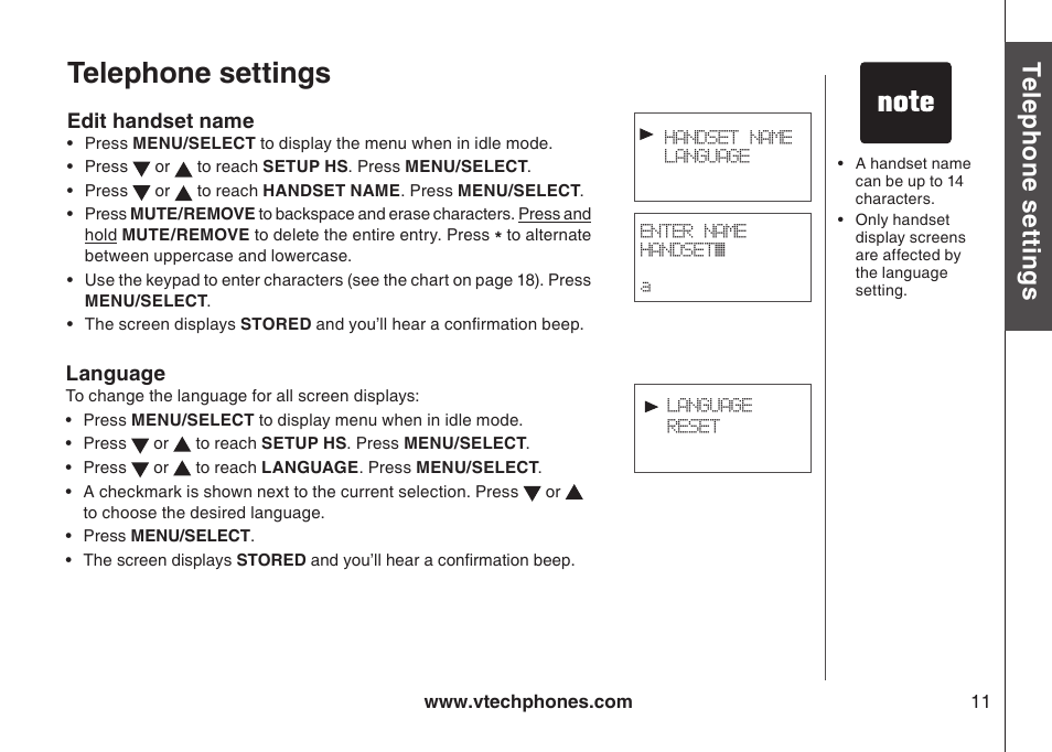 Edit handset name, Language, Edt handset name language | Telephone settings, Te le ph on e s ett in gs | VTech 6044 User Manual | Page 14 / 53