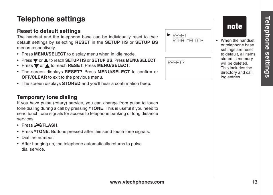 Reset to default settings, Reset to default settngs, Telephone settings | Te le ph on e s ett in gs | VTech 6044 User Manual | Page 16 / 53