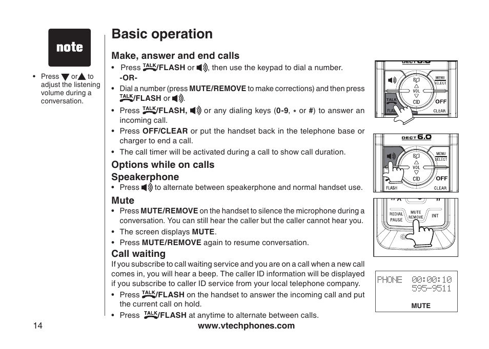 Basic operation, Call waiting, Mute | Options while on calls, Speakerphone, Basc operaton, Optons whle on calls speakerphone mute, Call watng | VTech 6044 User Manual | Page 17 / 53