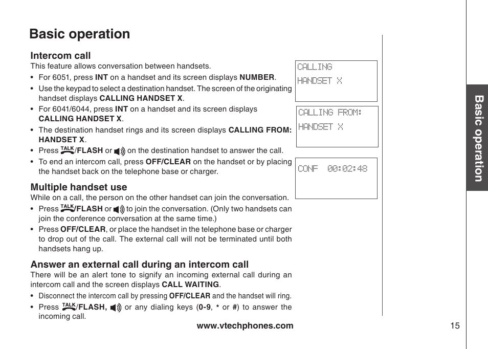Answer an external call during an intercom call, Intercom call, Multiple handset use | Basic operation | VTech 6044 User Manual | Page 18 / 53