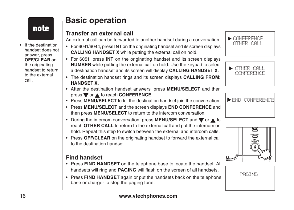 Find handset, Transfer an external call, Transfer an external call fnd handset | Basic operation | VTech 6044 User Manual | Page 19 / 53