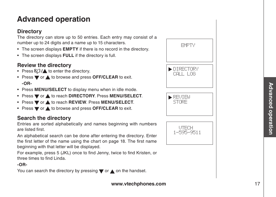 Advanced operation, Directory, Review the directory | Search the directory | VTech 6044 User Manual | Page 20 / 53