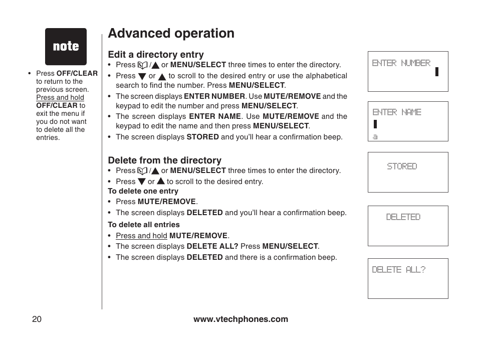 Delete one or all entries in the directory, Edit an entry in the directory, Edt a drectory entry delete from the drectory | Advanced operation | VTech 6044 User Manual | Page 23 / 53