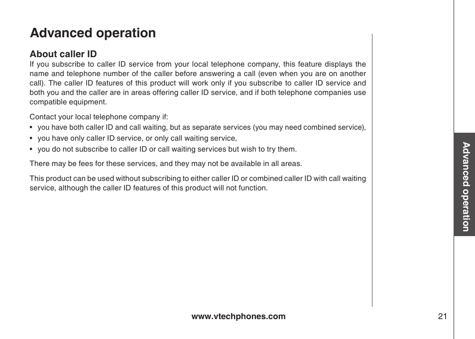 About caller id information, About caller id, Advanced operation | VTech 6044 User Manual | Page 24 / 53