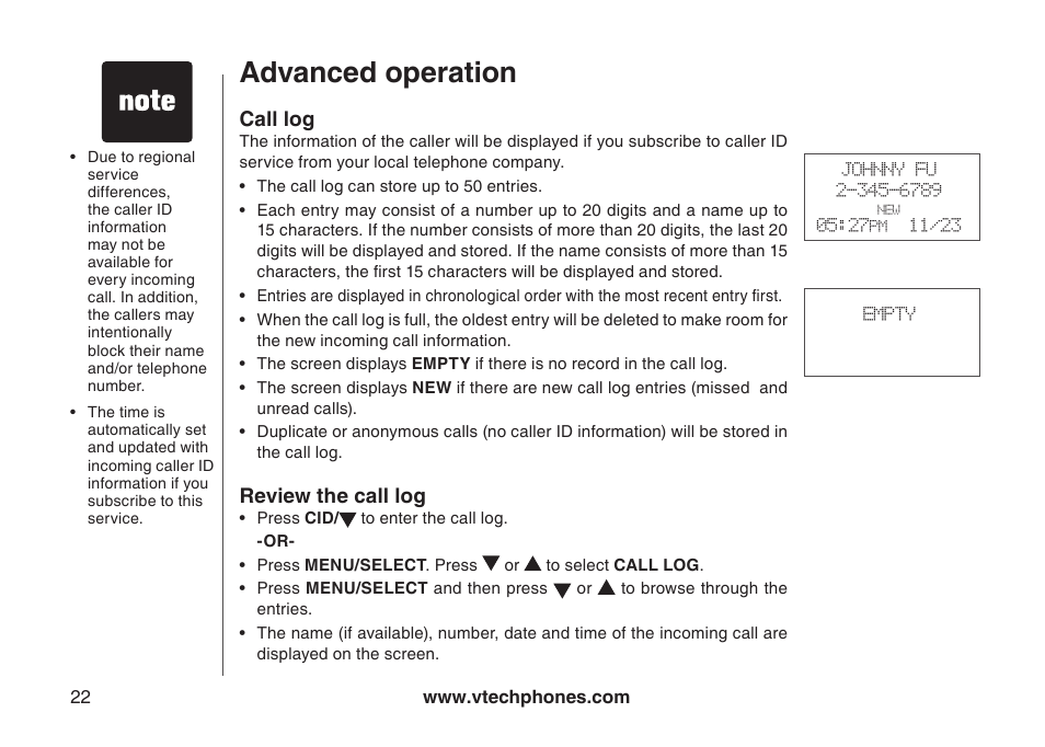 Call log, Review the call log, Call log revew the call log | Advanced operation | VTech 6044 User Manual | Page 25 / 53