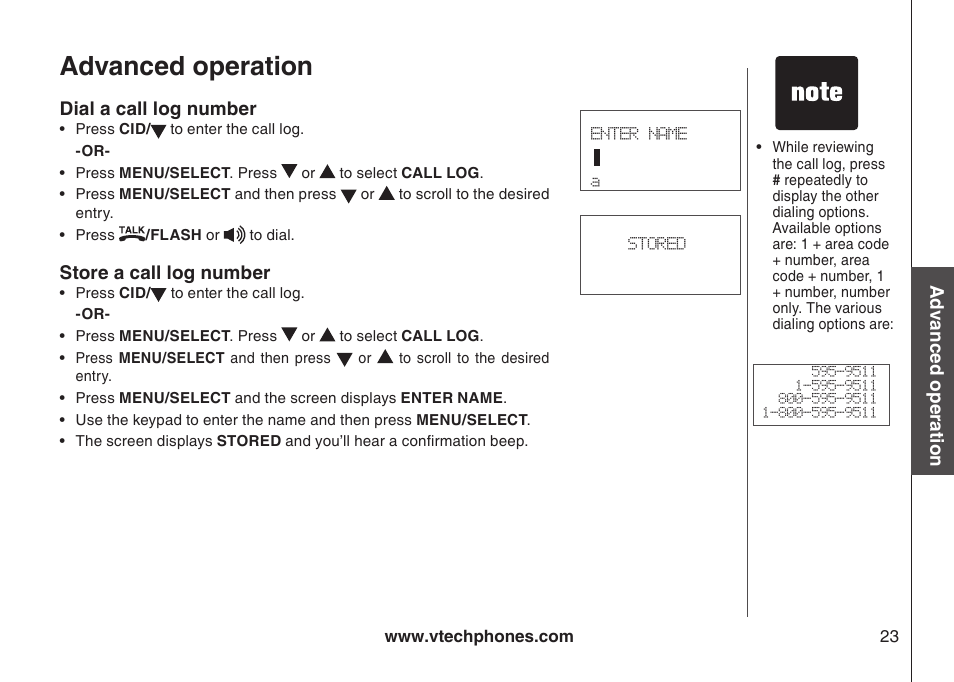 Dial a call log number, Store a number from the call log, Dal from the call log store a call log number | Advanced operation | VTech 6044 User Manual | Page 26 / 53