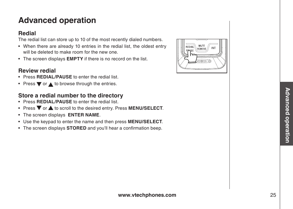 Redial, Review redial, Store a number from redial to the directory | Advanced operation | VTech 6044 User Manual | Page 28 / 53