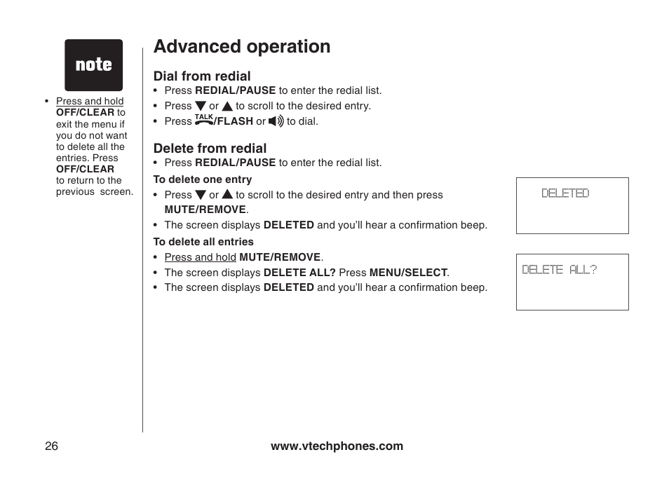 Delete one or all entries from redial, Dial a number from redial, Dal a redal number delete from redal | Advanced operation | VTech 6044 User Manual | Page 29 / 53