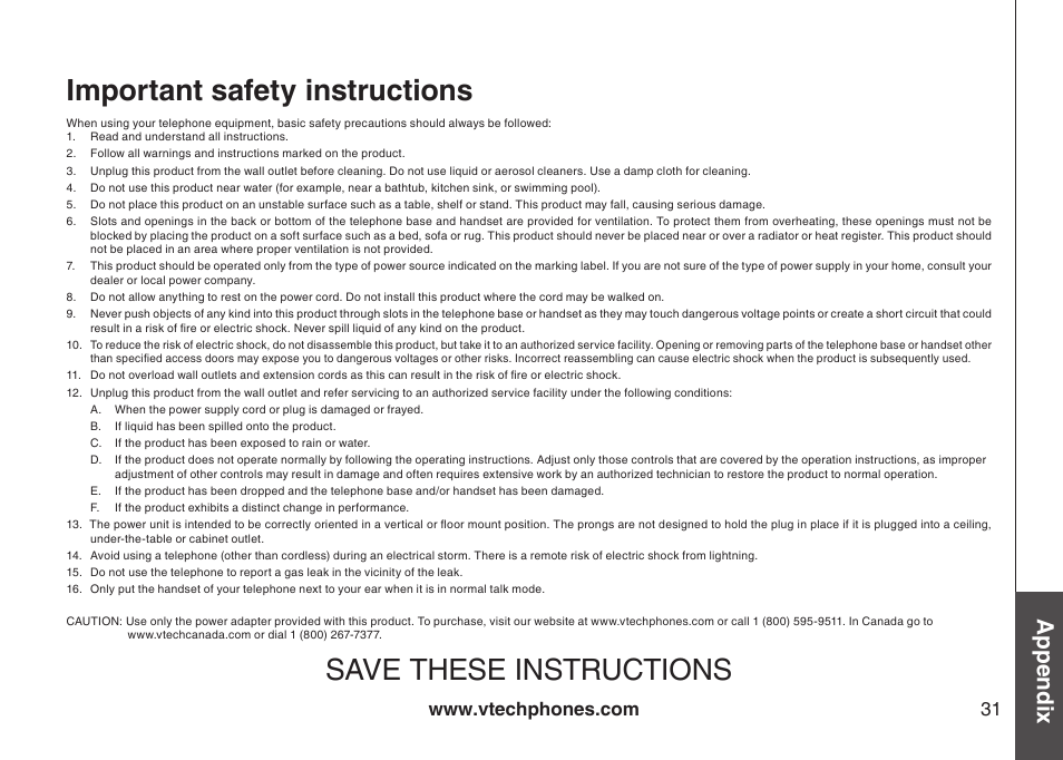 Important safety instructions, Important safety nstructons, Save these instructions | Appendix | VTech 6044 User Manual | Page 34 / 53