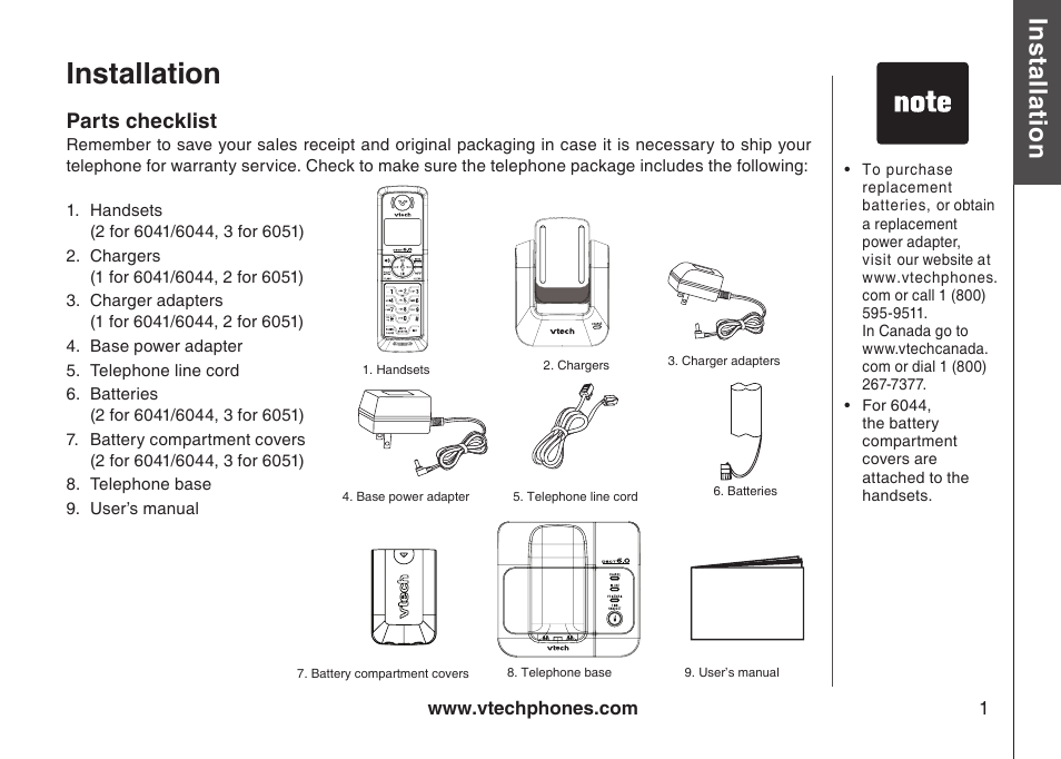 Installation, Parts checklist, Installaton parts checklst | Bas ic o pe ra tio n | VTech 6044 User Manual | Page 4 / 53