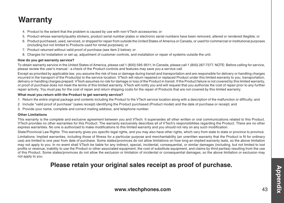 Warranty, Appendix | VTech 6044 User Manual | Page 46 / 53