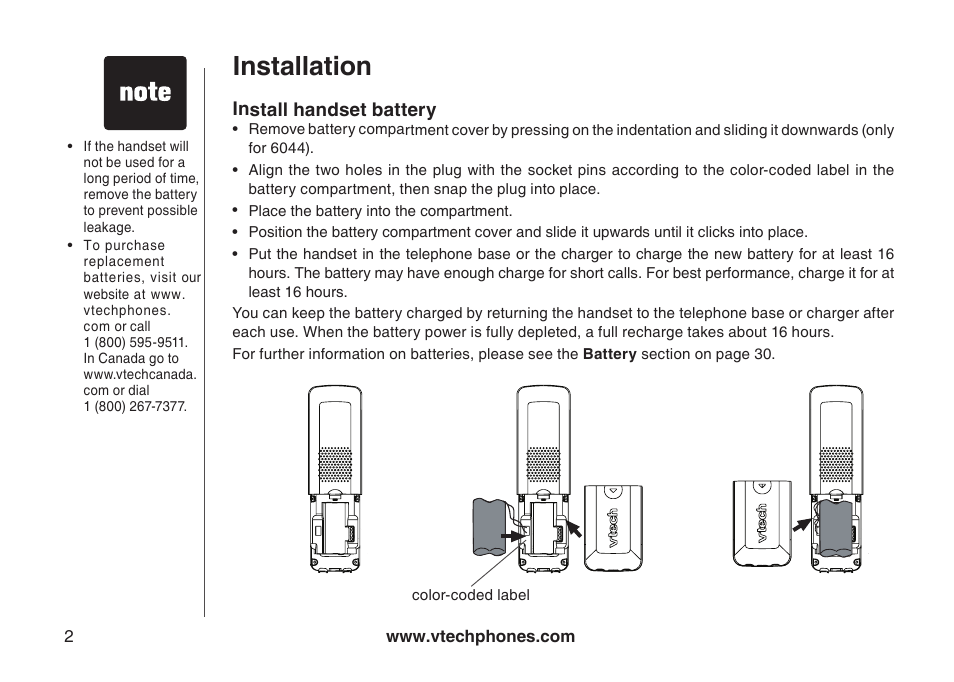 Telephone base installation, Install handset battery, Installation | VTech 6044 User Manual | Page 5 / 53