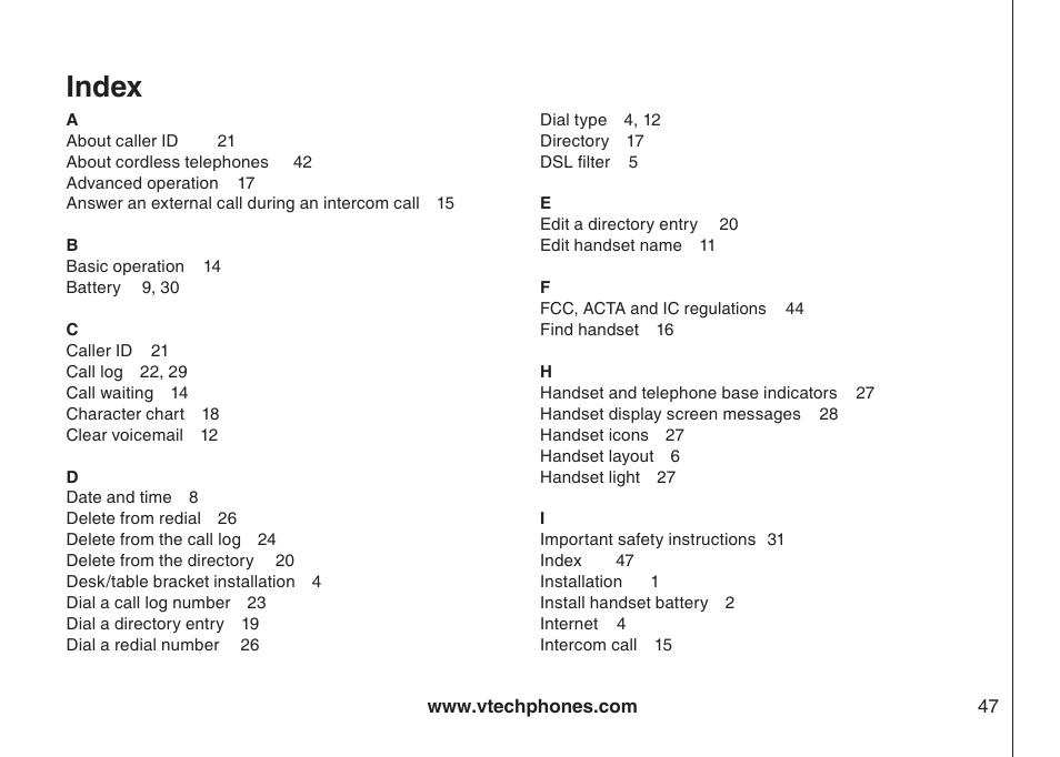Index | VTech 6044 User Manual | Page 50 / 53