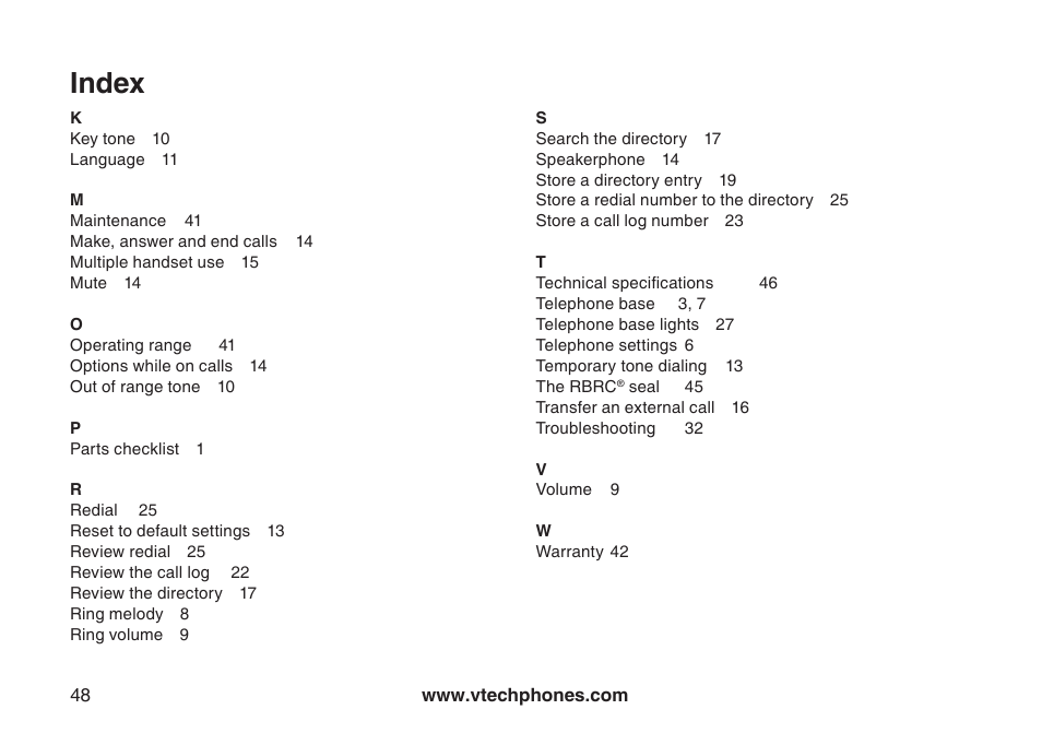 Index | VTech 6044 User Manual | Page 51 / 53